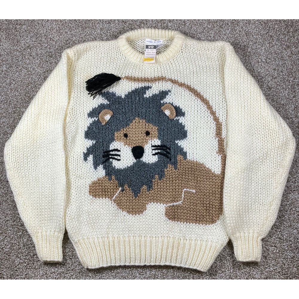 Vintage Midnight Blues Hand Knitted Lion Tassel Sweater Cream Large NWT